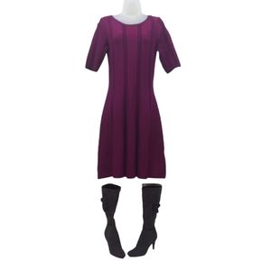 Dressbarn A-Line Knit Dress Plum Knee Length Round Neck Rayon Swing Style NWT Sm